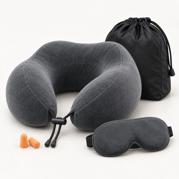 Almohada cervical de viaje con bolsa, antifaz y tapones