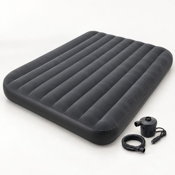 Colchón hinchable gris oscuro con inflador eléctrico