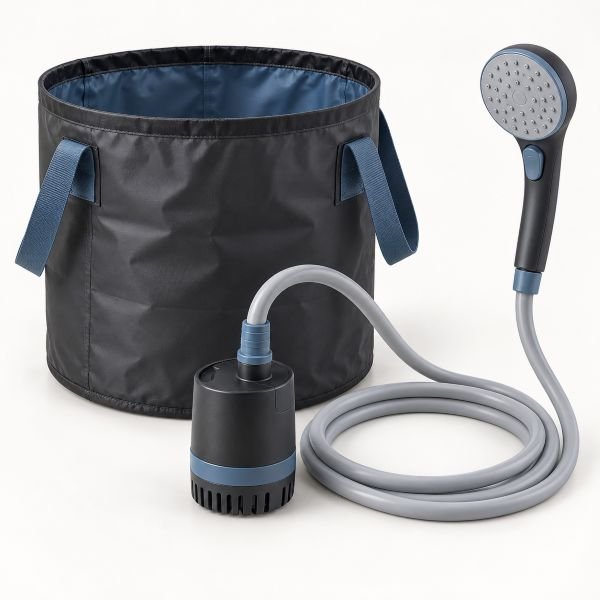 Ducha portátil con bomba sumergible, manguera y cubo plegable