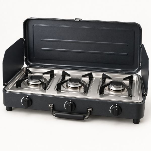Hornillo de camping de gas con tapa cortavientos