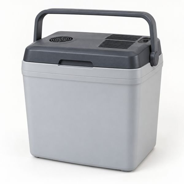 Nevera eléctrica portátil gris con asa