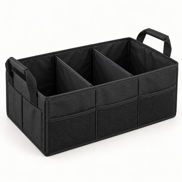 Organizador de maletero negro plegable con tres compartimentos